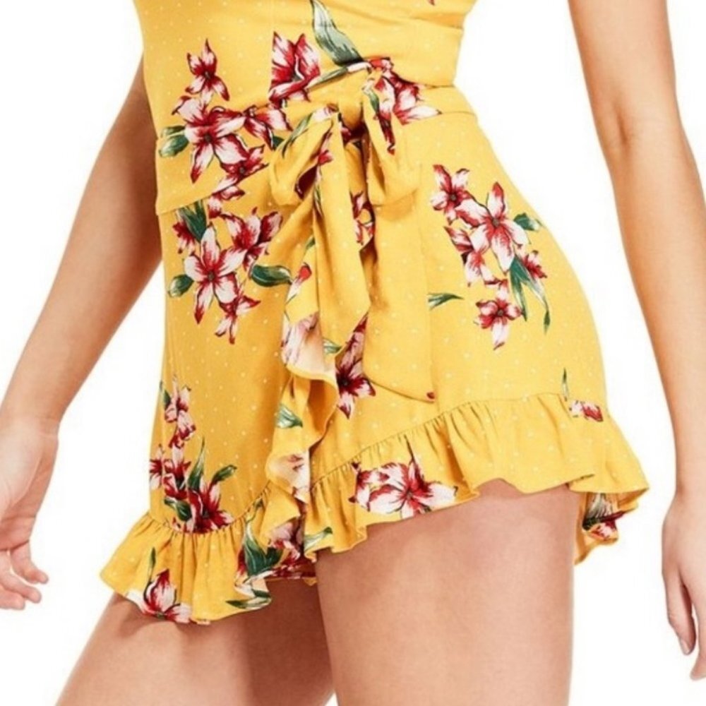 Guess Yellow Floral Wrap Skort Skirt Size Small Tie Waist Zipper Viscose Boho S‎